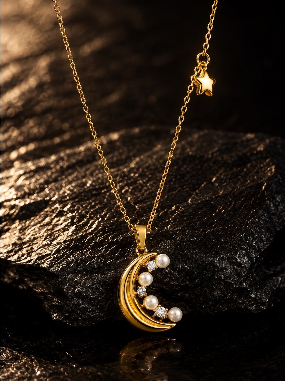 Gold plated Crescent Moon Pendant Necklace with Pearls